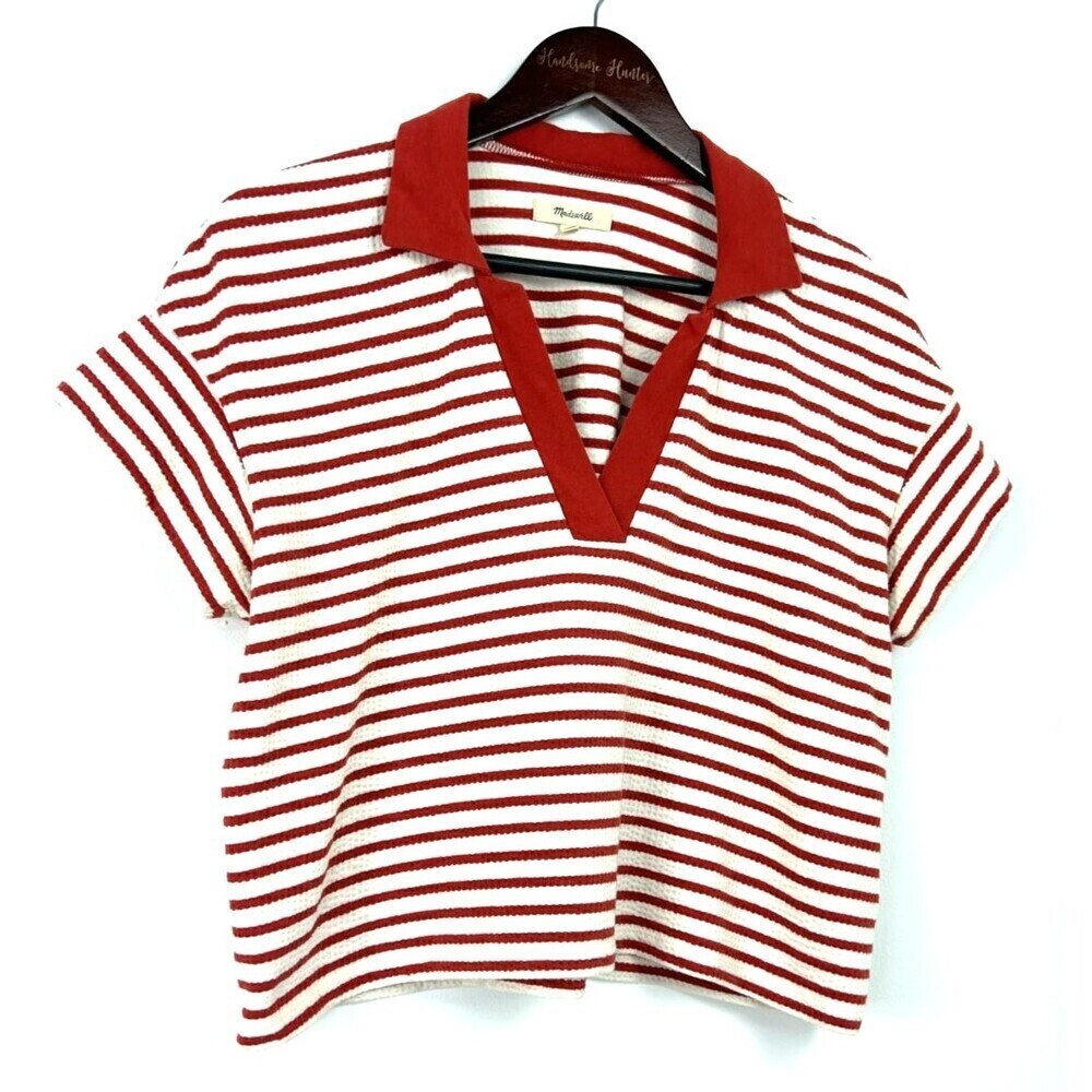 Madewell Women Burnt Red White Striped Texture Rib Cropped Polo Tee Sz S 1254H4 - Picture 3 of 12